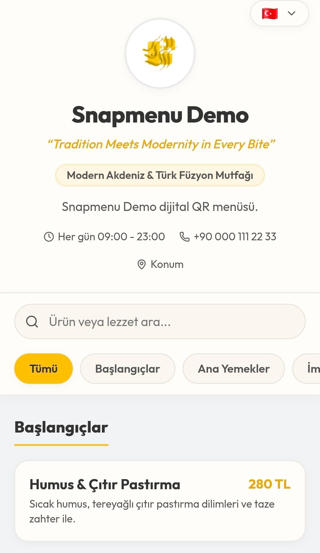 Snapmenu Dijital QR Menü Önizleme